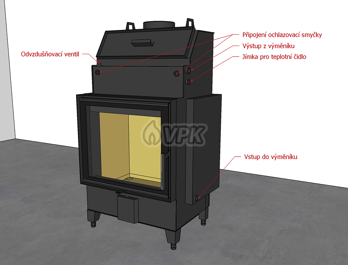 Krbová vložka s teplovodním výměníkem – příruby pro napojení do otopné soustavy a ochlazovací smyčky