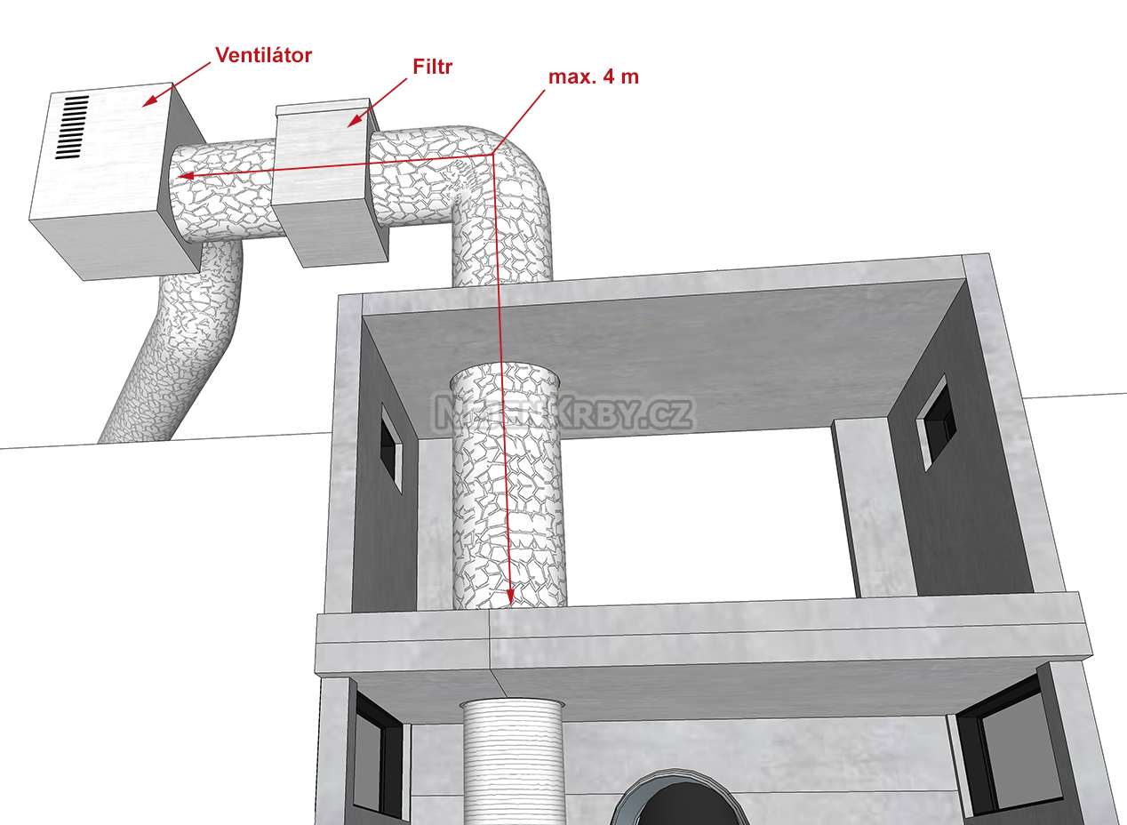 Filtr a ventilátor na půdě nad krbem